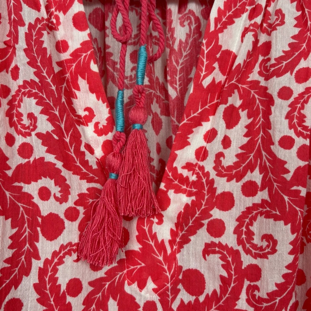 Boden Top Womens Size 4 Red/Orange White‎ Paisley Tassel Cotton Blouse - Picture 3 of 9